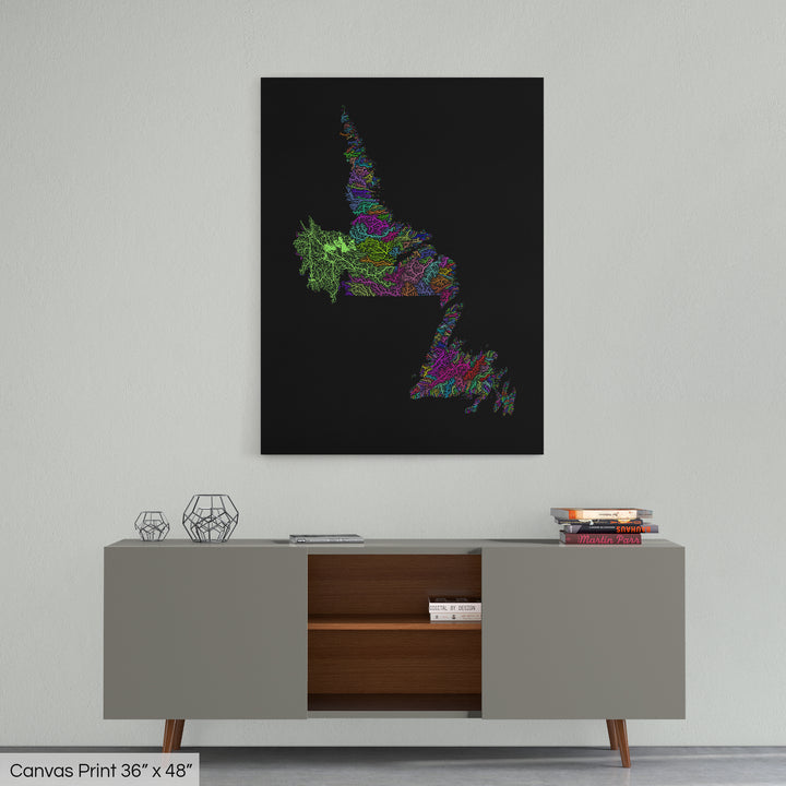 Newfoundland and Labrador - River basin map, rainbow colours - Wall Art