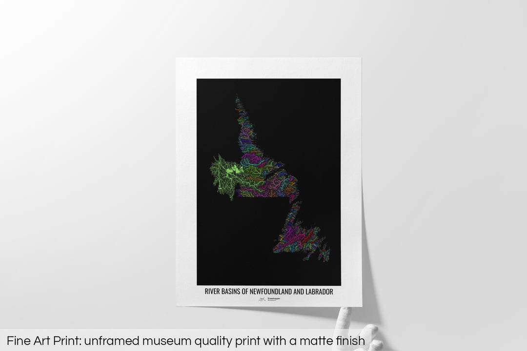 Newfoundland and Labrador - River basin map, rainbow colours - Wall Art