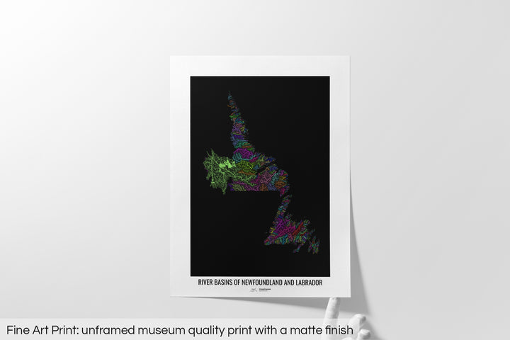 Newfoundland and Labrador - River basin map, rainbow colours - Wall Art