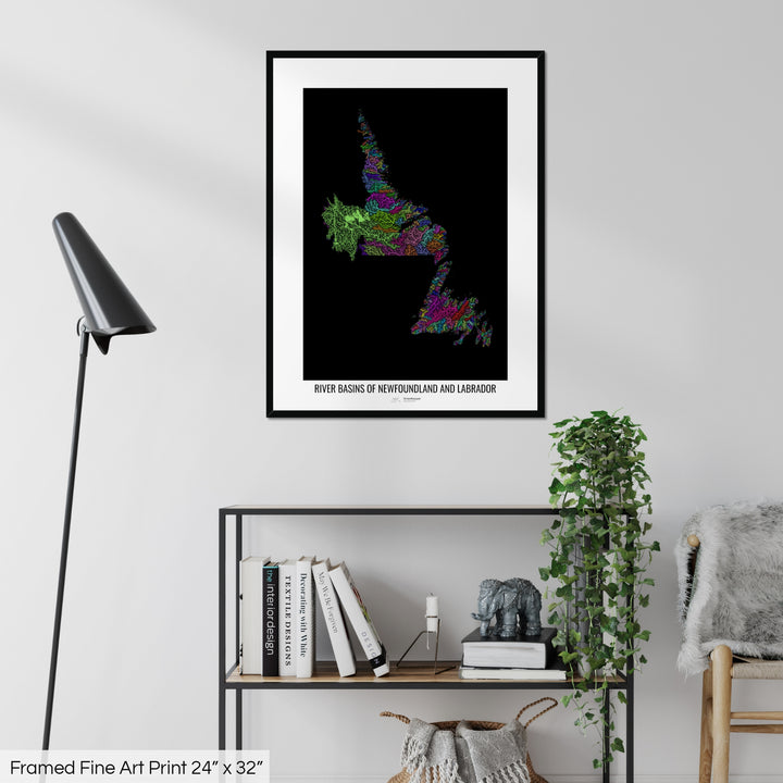 Newfoundland and Labrador - River basin map, rainbow colours - Wall Art