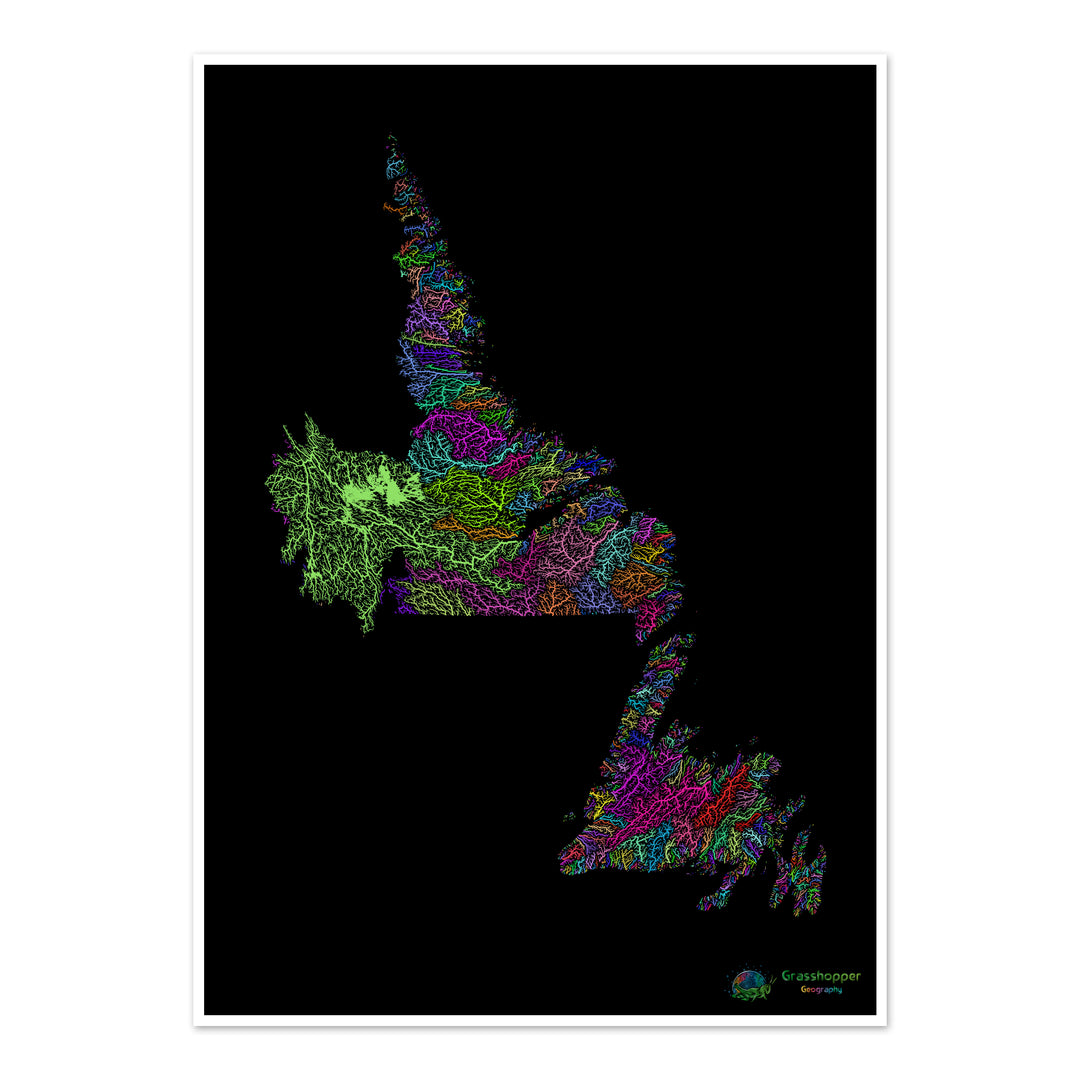 River basin map of Newfoundland and Labrador, rainbow colours on black - Fine Art Print