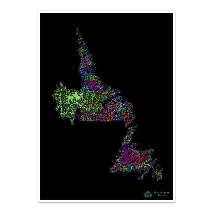Newfoundland and Labrador - River basin map, rainbow on black - Fine Art Print