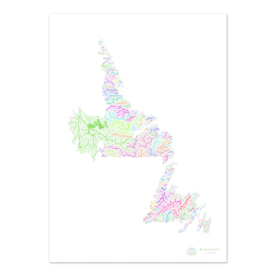 Terranova y Labrador - Mapa de la cuenca fluvial, arco iris sobre blanco - Impresión de bellas artes