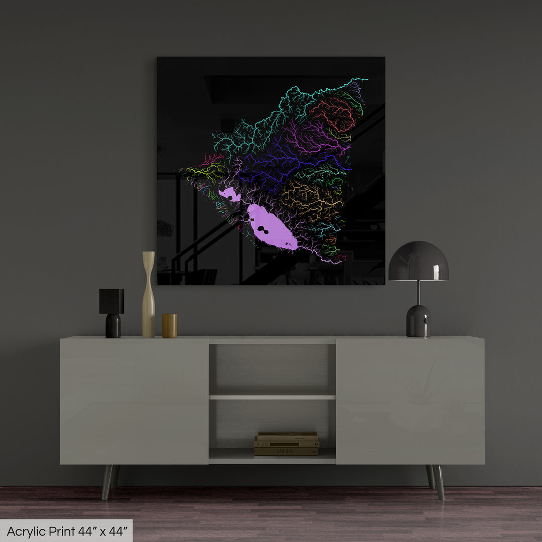 Nicaragua - River basin map, rainbow colours - Wall Art