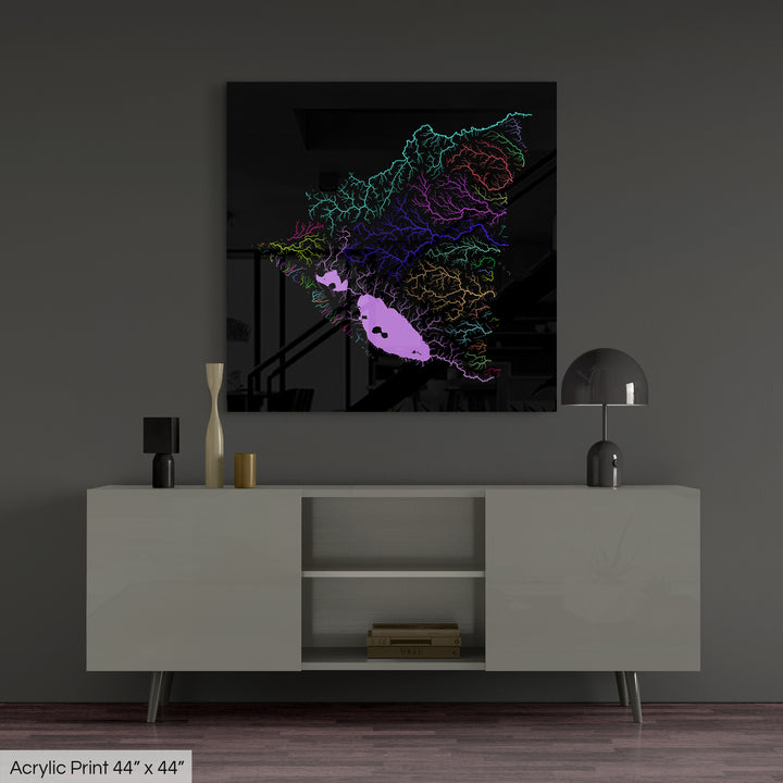 Nicaragua - River basin map, rainbow colours - Wall Art