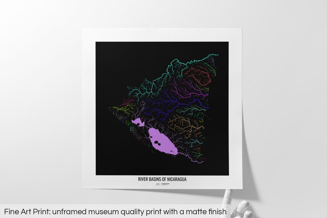 Nicaragua - River basin map, rainbow colours - Wall Art