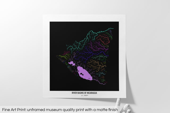 Nicaragua - River basin map, rainbow colours - Wall Art