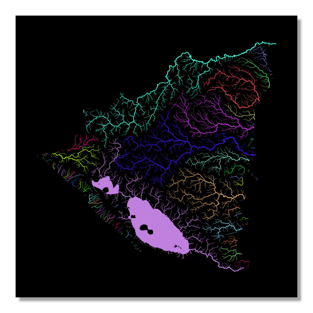 Nicaragua - River basin map, rainbow colours - Wall Art