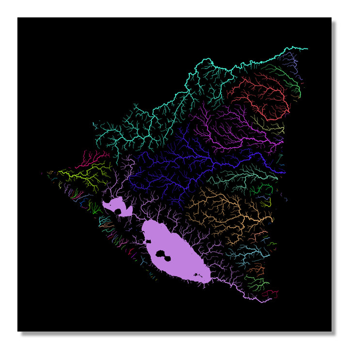 Nicaragua - River basin map, rainbow colours - Wall Art