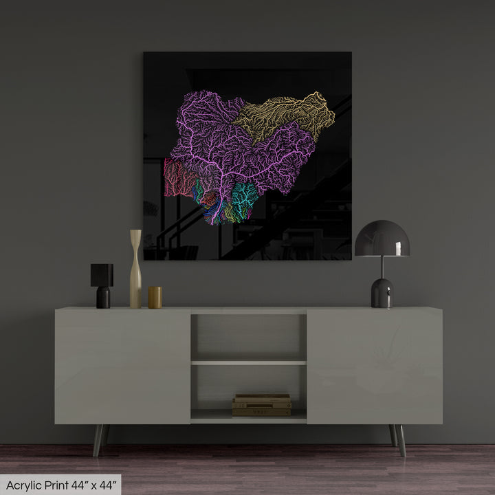 Nigeria - River basin map, rainbow colours - Wall Art