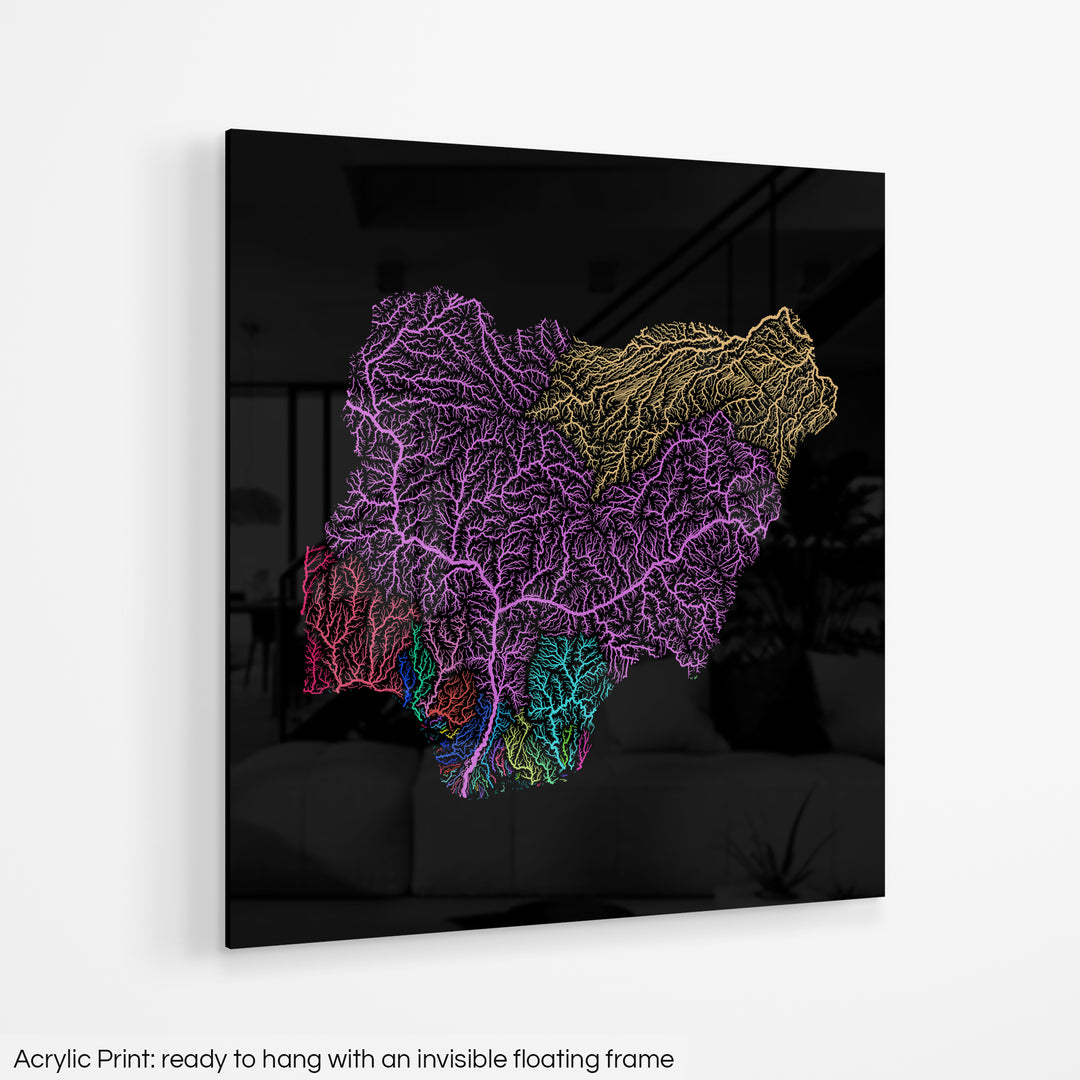 Nigeria - River basin map, rainbow colours - Wall Art