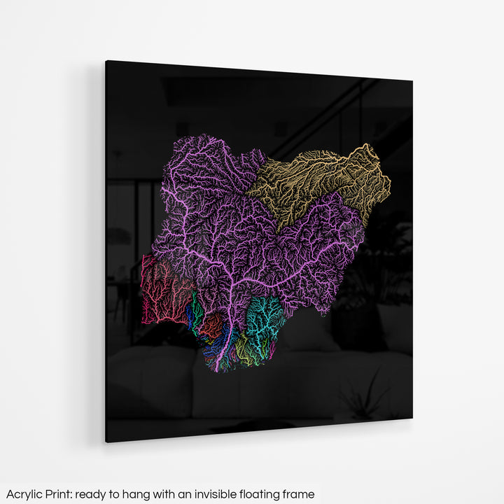 Nigeria - River basin map, rainbow colours - Wall Art