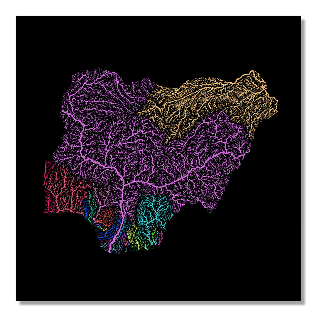 Nigeria - River basin map, rainbow colours - Wall Art