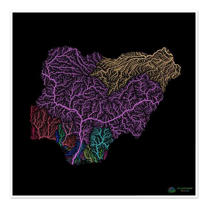 Nigeria - Carte des bassins fluviaux, arc-en-ciel sur noir - Fine Art Print