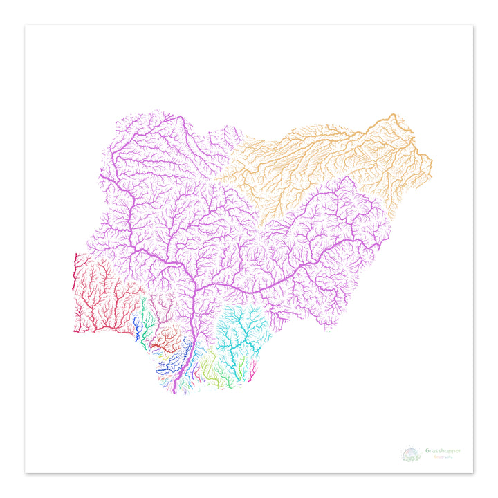 Nigeria - Carte des bassins fluviaux, arc-en-ciel sur blanc - Fine Art Print