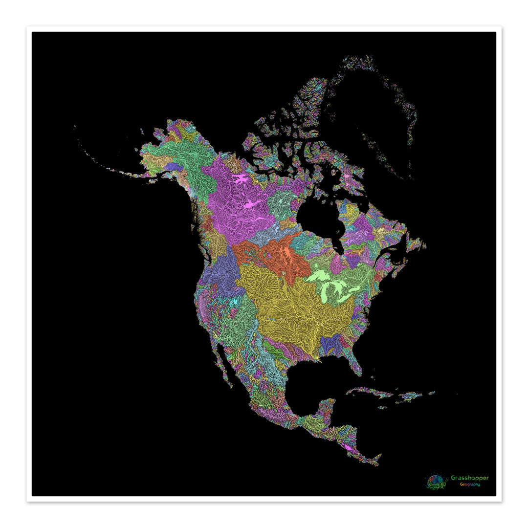 River basin map of North America, pastel colours on black - Fine Art Print