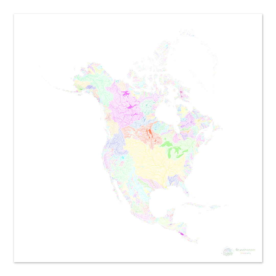 North America - River basin map, pastel on white - Fine Art Print