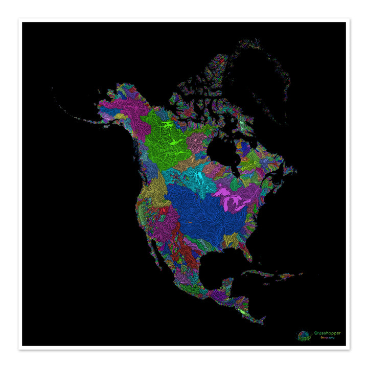 América del Norte - Mapa de cuencas fluviales, arco iris sobre negro - Impresión de Bellas Artes