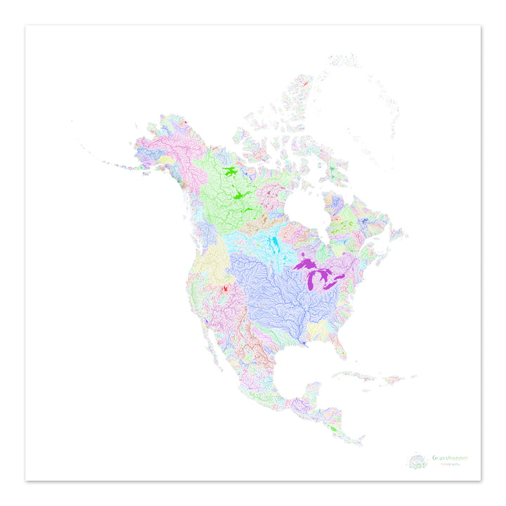 Amérique du Nord - Carte des bassins fluviaux, arc-en-ciel sur blanc - Fine Art Print