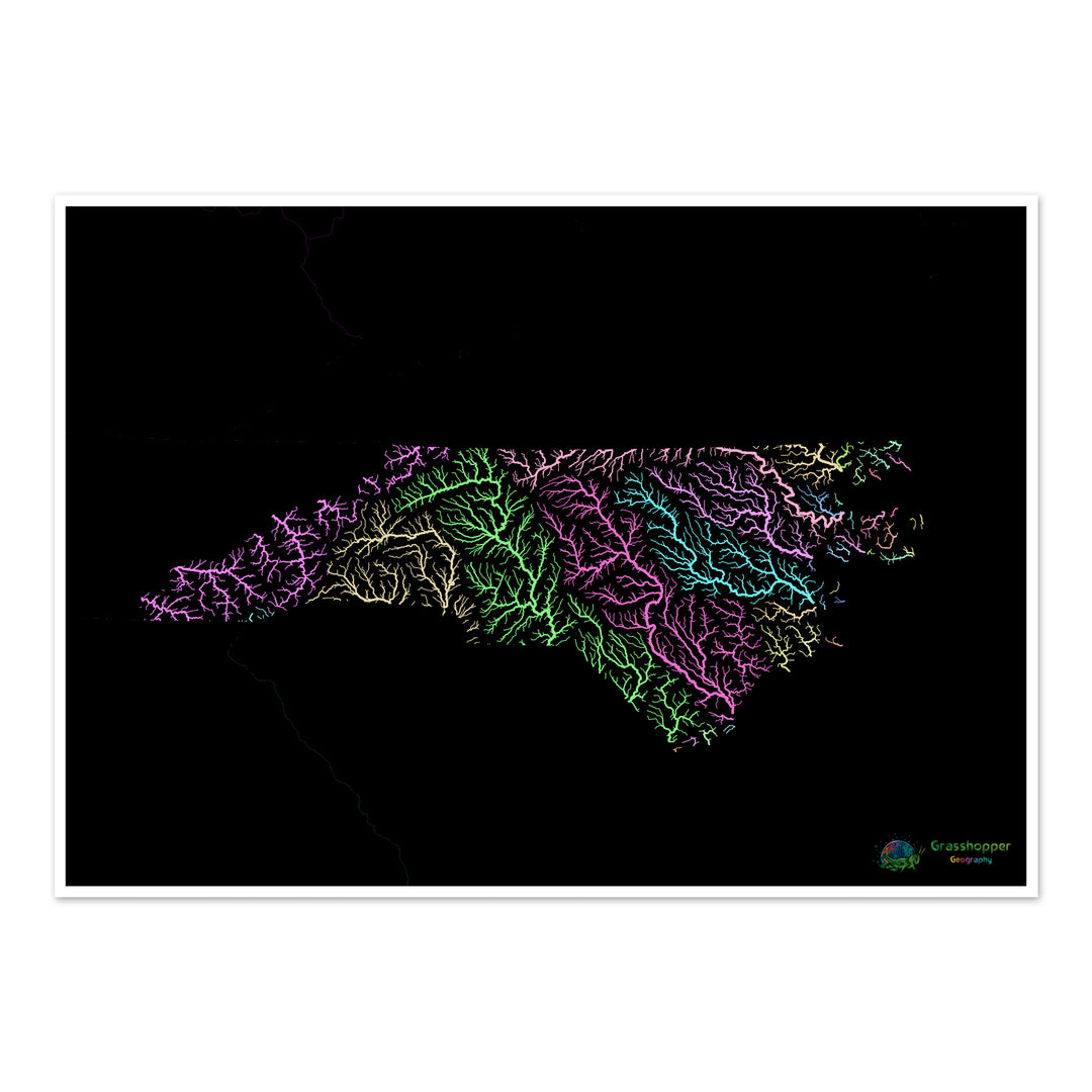 River basin map of North Carolina, pastel colours on black - Fine Art Print
