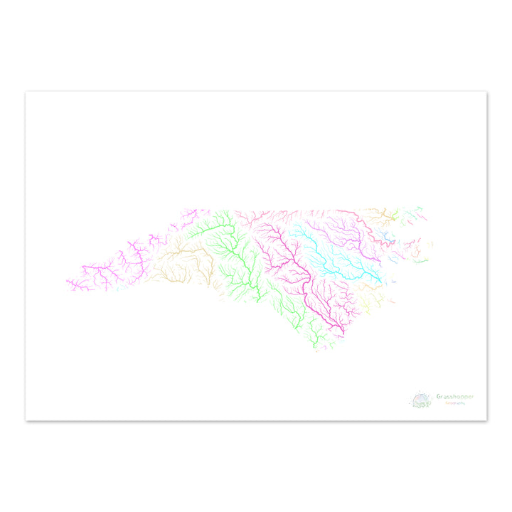 Carolina do Norte - Mapa da bacia hidrográfica, pastel sobre branco - Impressão de belas artes