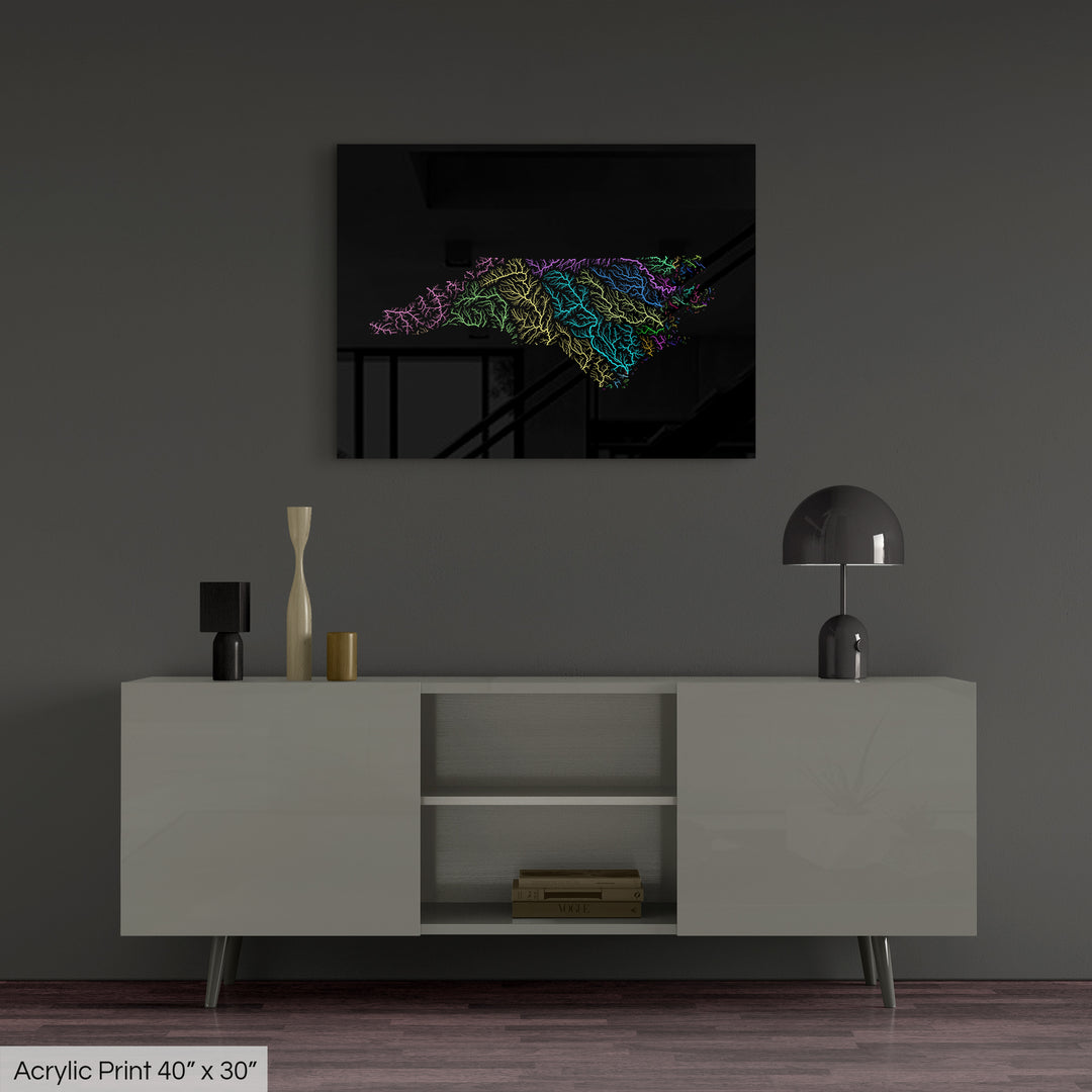 North Carolina - River basin map, rainbow colours - Wall Art