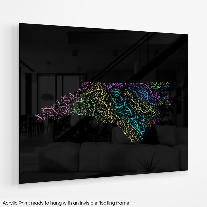 North Carolina - River basin map, rainbow colours - Wall Art