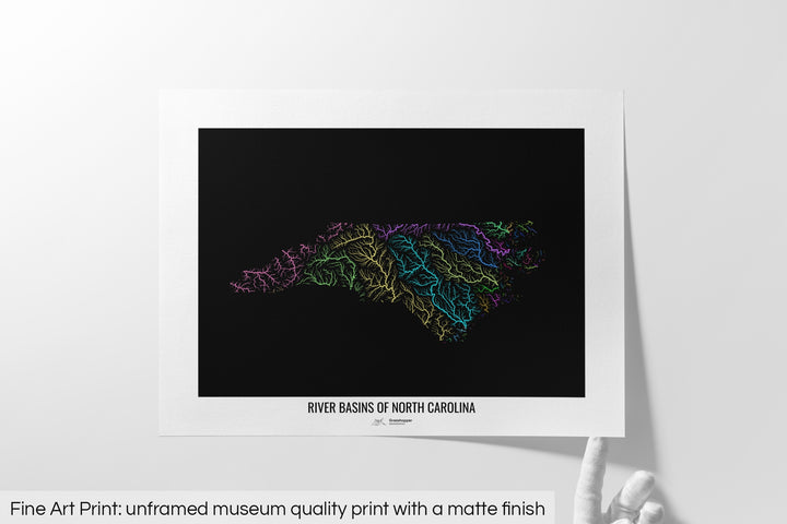 North Carolina - River basin map, rainbow colours - Wall Art