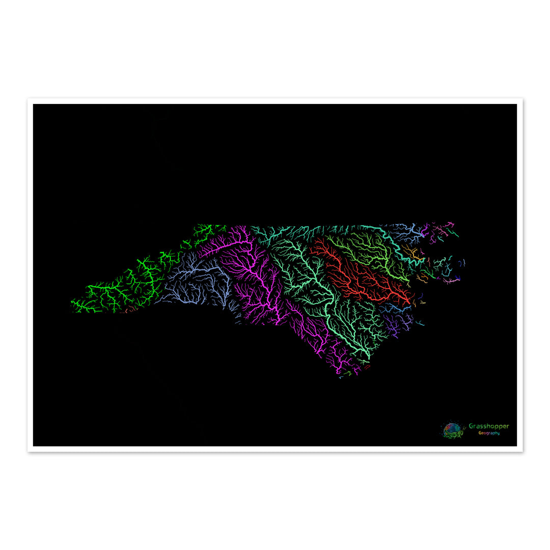 Carolina del Norte - Mapa de la cuenca del río, arco iris sobre negro - Impresión de Bellas Artes