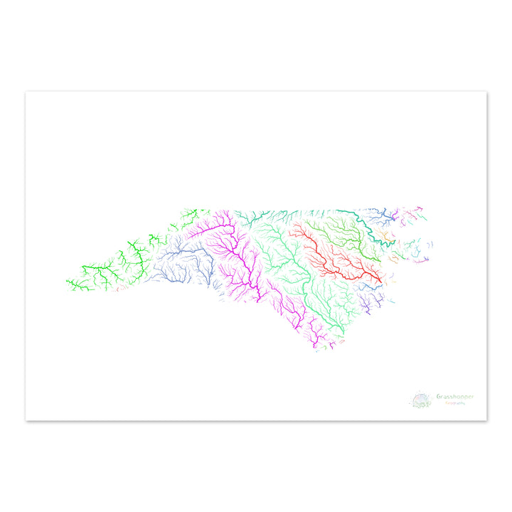 North Carolina - River basin map, rainbow on white - Fine Art Print
