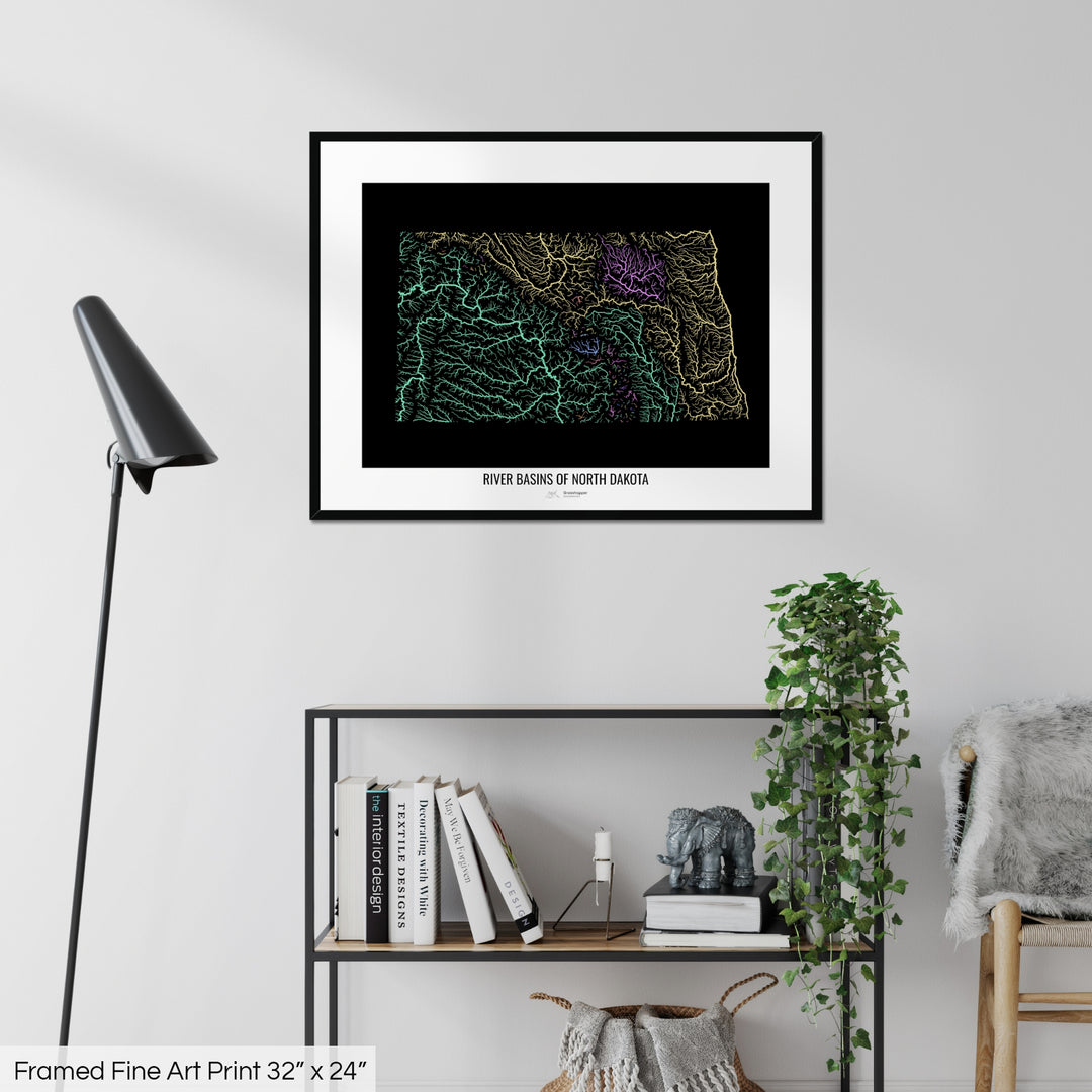 North Dakota - River basin map, pastel colours - Wall Art