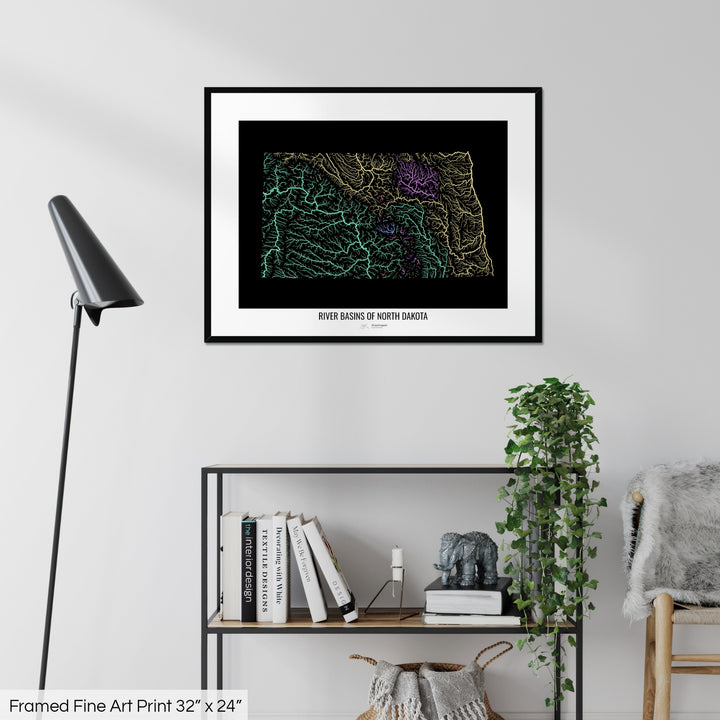 North Dakota - River basin map, pastel colours - Wall Art