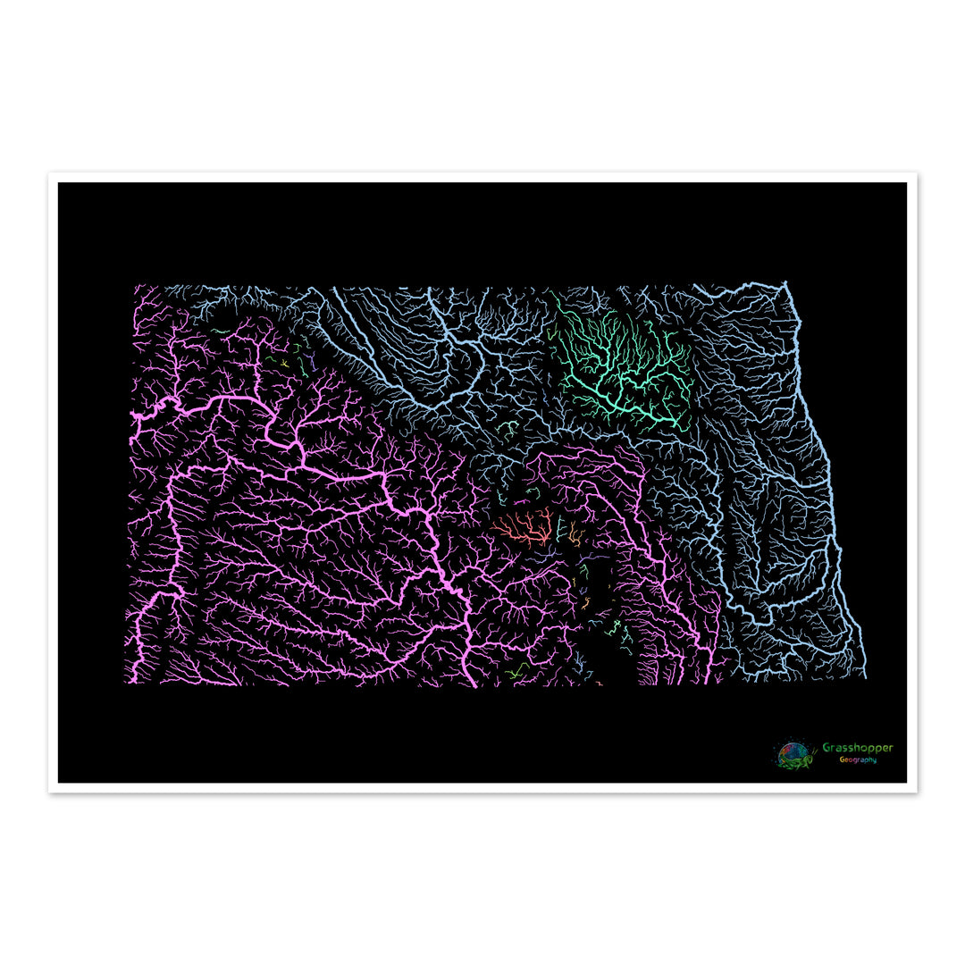 River basin map of North Dakota, pastel colours on black - Fine Art Print