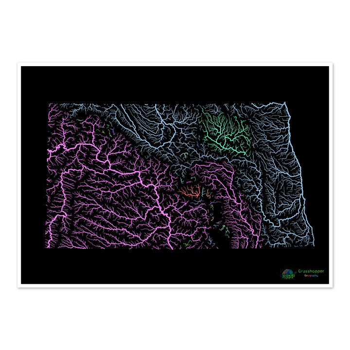 North Dakota - River basin map, pastel on black - Fine Art Print