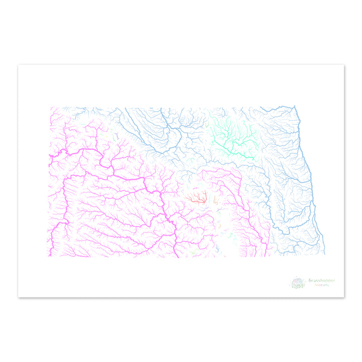River basin map of North Dakota, pastel colours on white - Fine Art Print