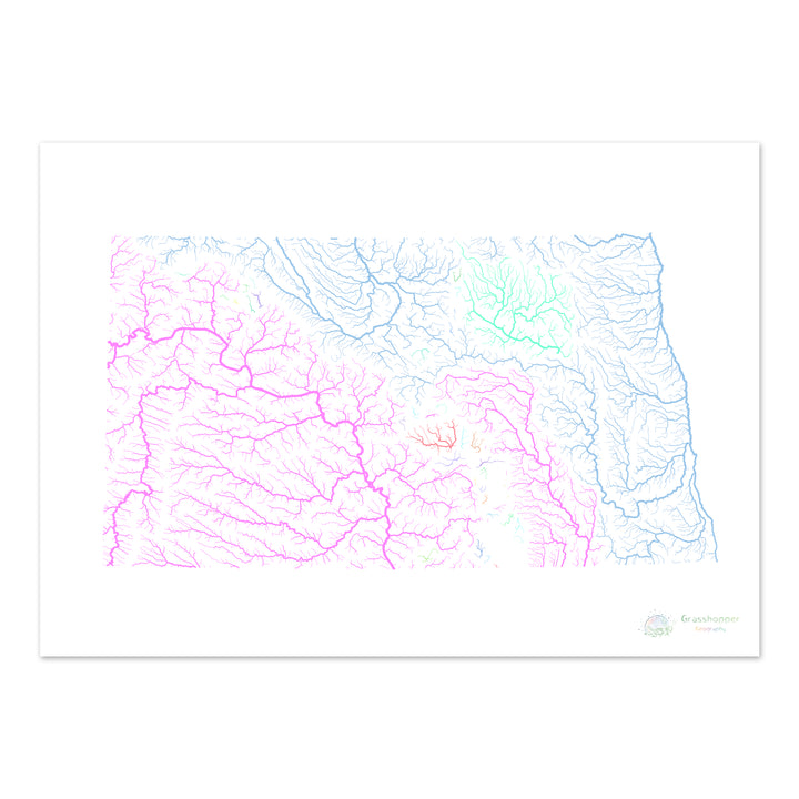 North Dakota - River basin map, pastel on white - Fine Art Print