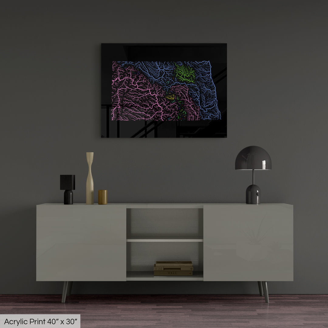 North Dakota - River basin map, rainbow colours - Wall Art