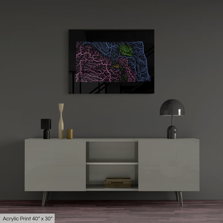 North Dakota - River basin map, rainbow colours - Wall Art