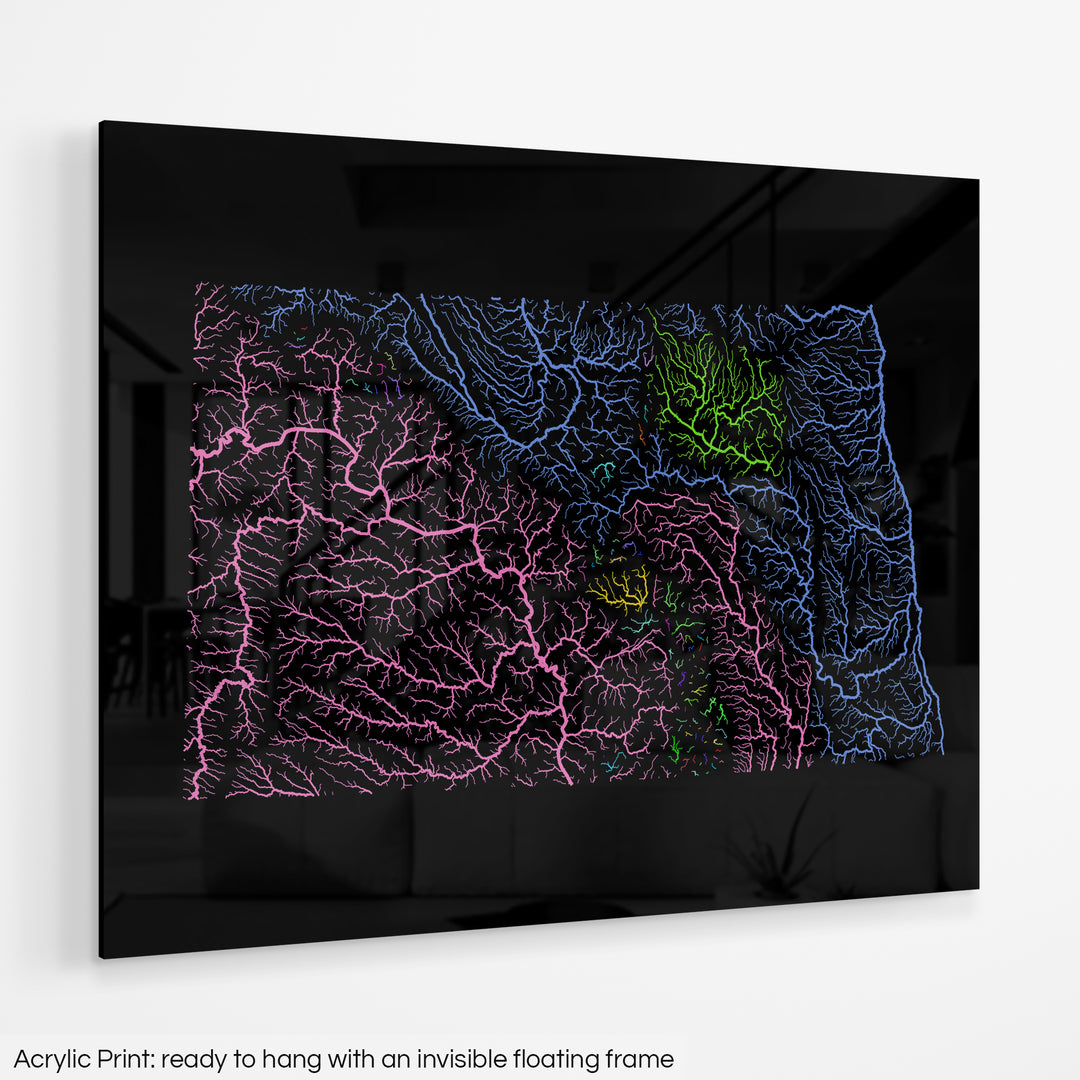 North Dakota - River basin map, rainbow colours - Wall Art