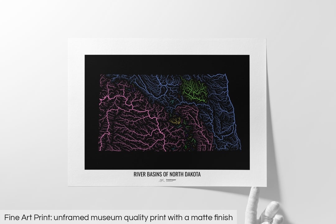 North Dakota - River basin map, rainbow colours - Wall Art