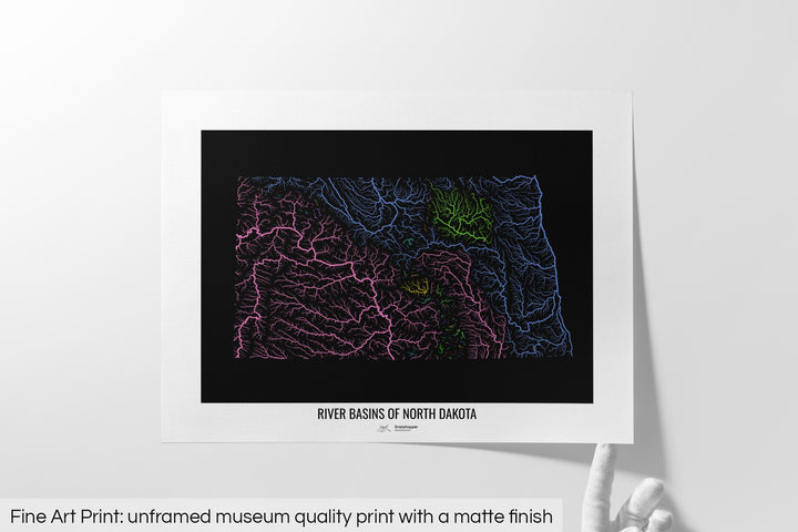 North Dakota - River basin map, rainbow colours - Wall Art