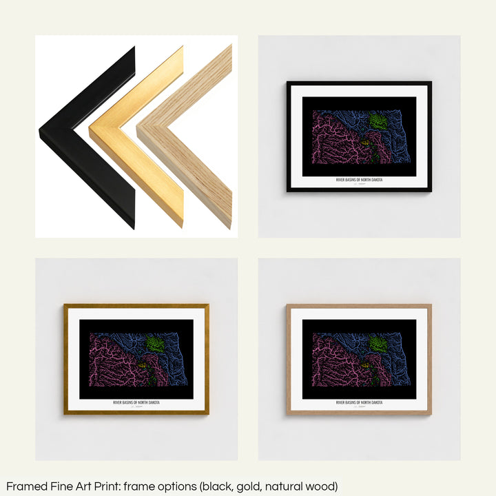 North Dakota - River basin map, rainbow colours - Wall Art