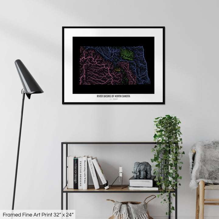 North Dakota - River basin map, rainbow colours - Wall Art