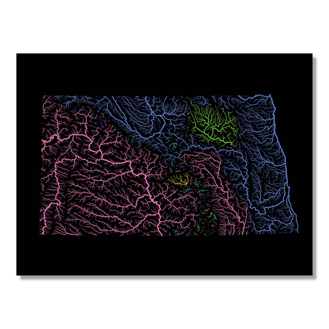 North Dakota - River basin map, rainbow colours - Wall Art