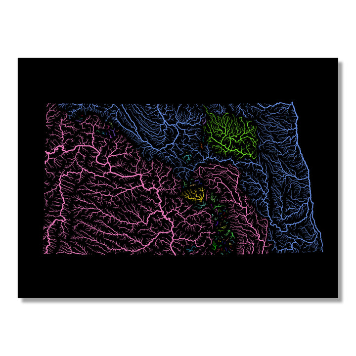 North Dakota - River basin map, rainbow colours - Wall Art