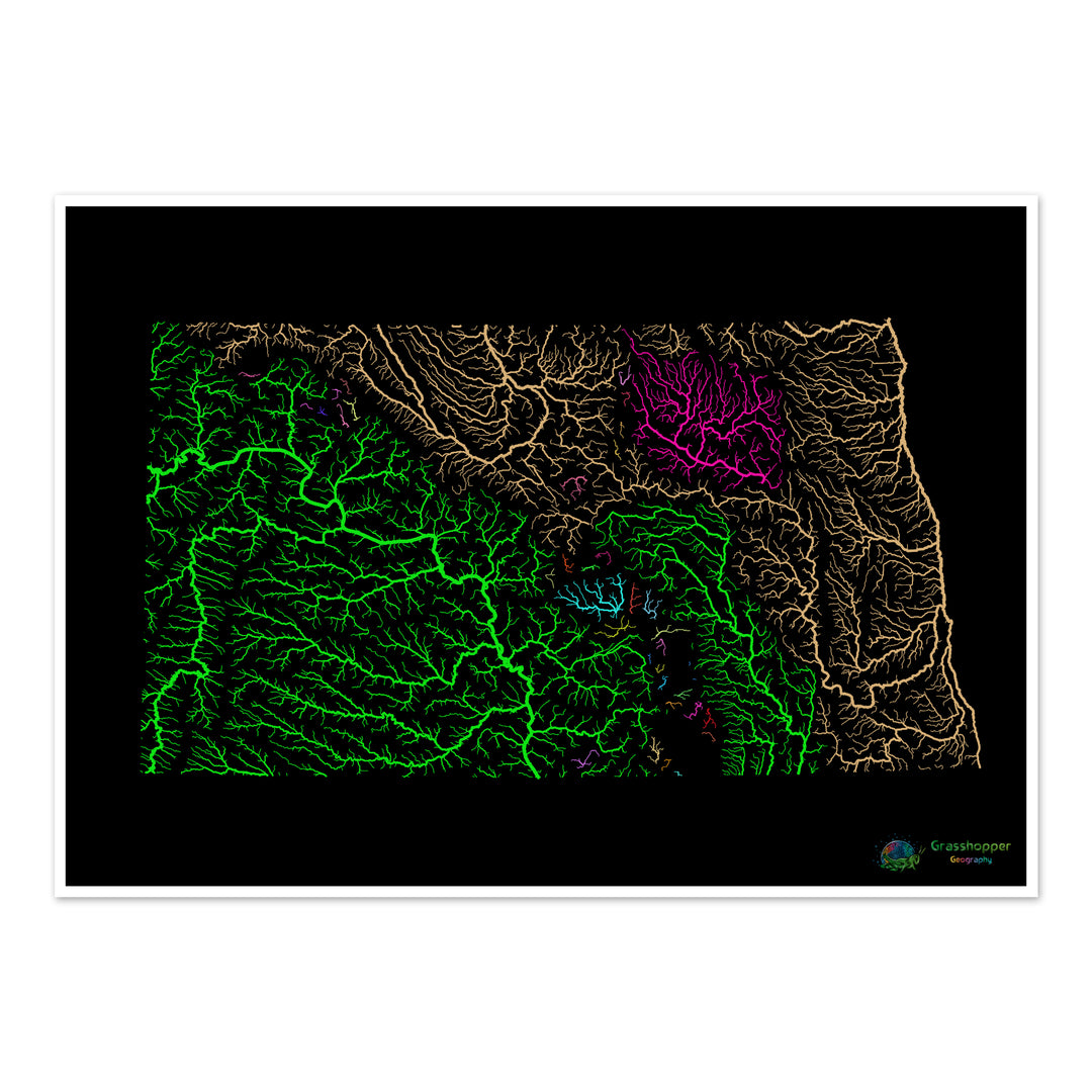 Dakota del Norte - Mapa de la cuenca fluvial, arco iris sobre negro - Impresión de bellas artes