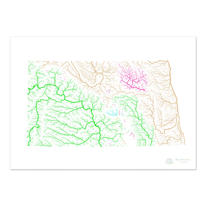 Dakota del Norte - Mapa de la cuenca fluvial, arco iris sobre blanco - Impresión de bellas artes