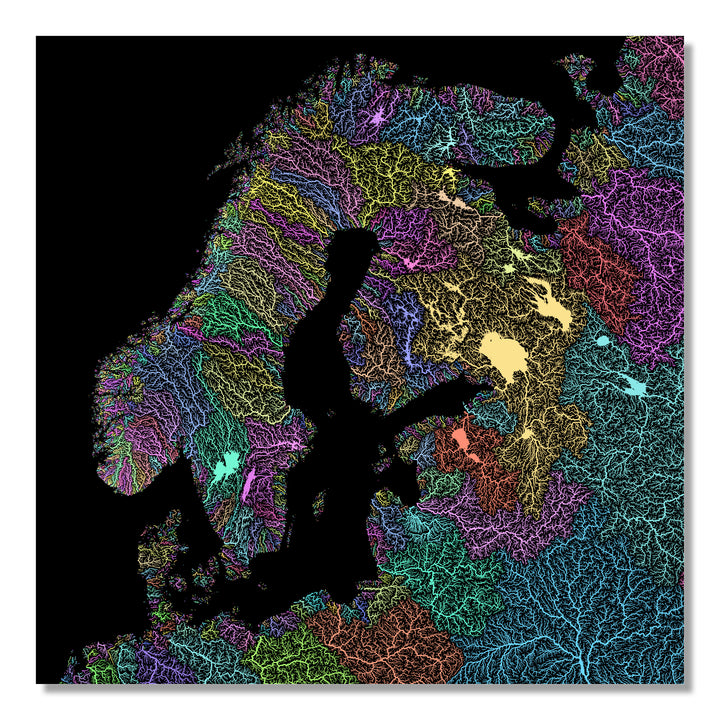 Northern Europe - River basin map, pastel colours - Wall Art