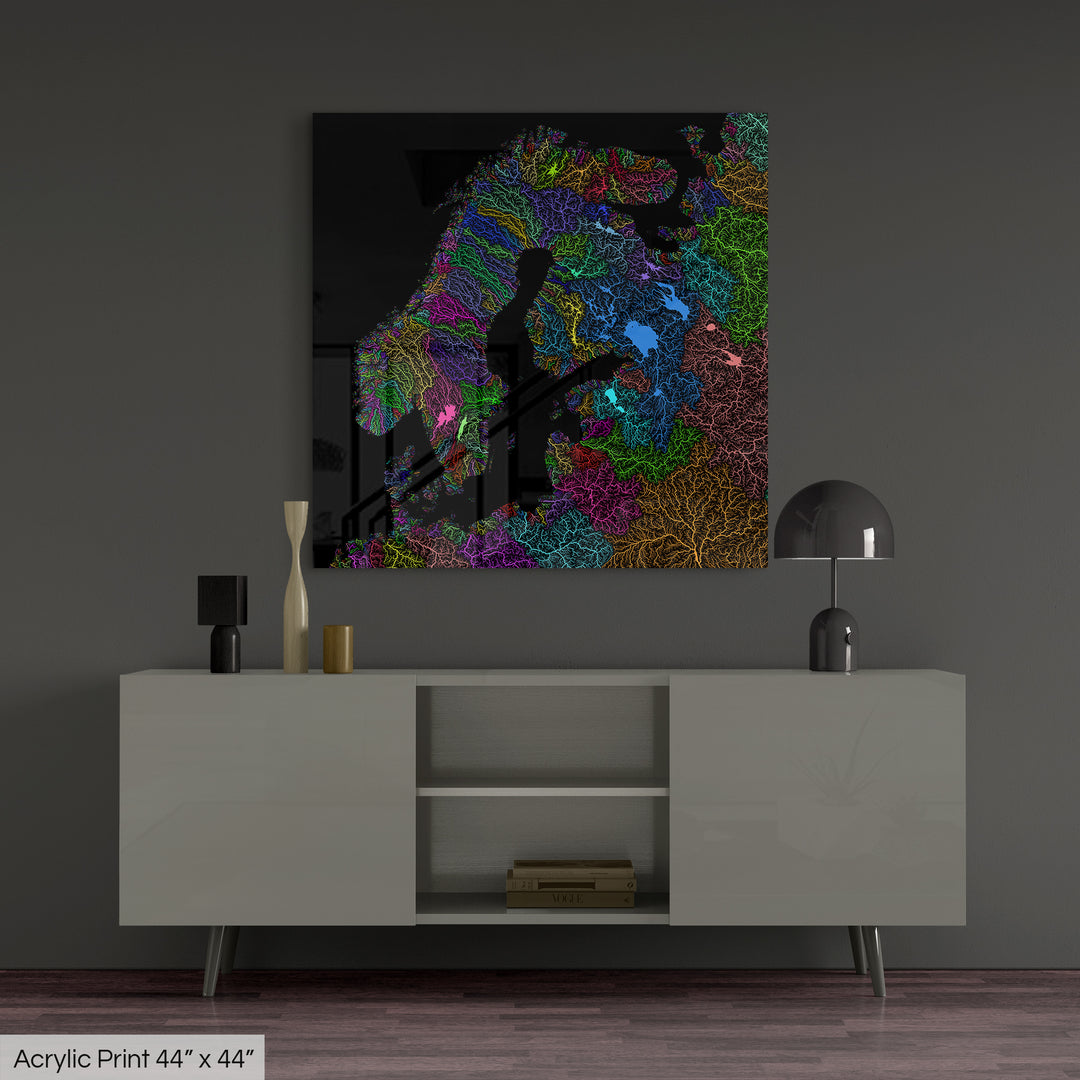 Northern Europe - River basin map, rainbow colours - Wall Art