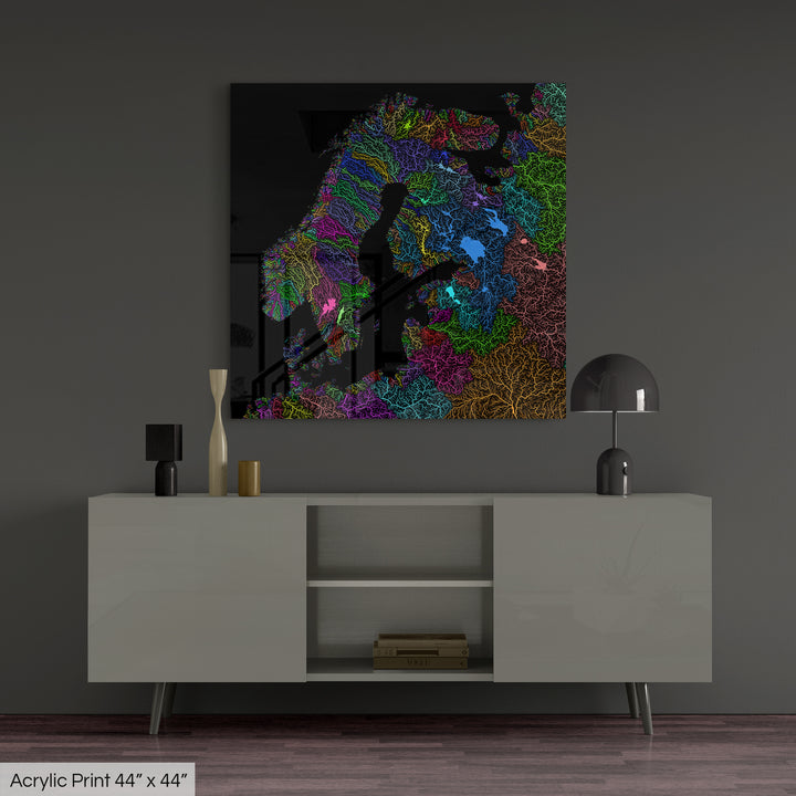 Northern Europe - River basin map, rainbow colours - Wall Art